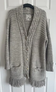 FALMER HERITAGE GRAUE WOLLMISCHUNG LANGE CARDIGAN, BAUMWOLLE FRANSEN VORNE - GRÖSSE 16 - Bild 1 von 9