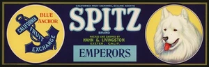 Vintage label SPITZ Emperors Blue Anchor dog Hahn Livingston Exeter California - Picture 1 of 2
