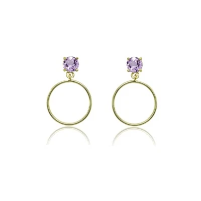 Yellow Gold Flash Sterling Silver 4mm Amethyst Dangling Round Hoop Stud Earrings - Image 1 of 3