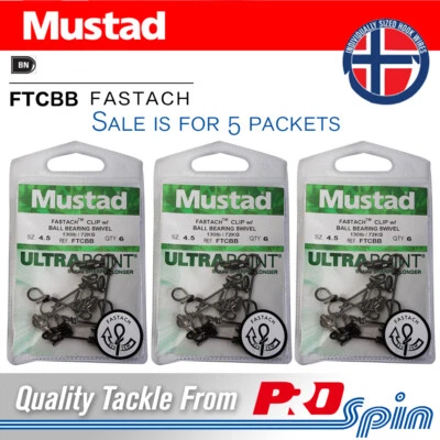 5 paquetes de clips Mustad Fastach + rodamiento de bolas giratorio FTCBB - Elige el tamaño Foto 1 de 2