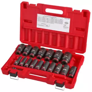 Milwaukee SHOCKWAVE 1/2 In Drive SAE Deep Well 6 Point Impact Socket Set 18Piece - Picture 1 of 12