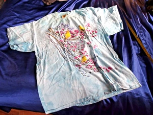 Vintage The Mountain Shirt Womens 2XL XXL Blue Art To Wear Yellow Birds Flowers - Picture 1 of 8