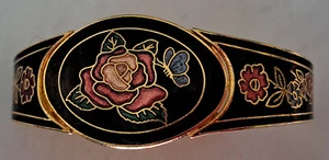 CLOISONNE clamper bracelet bangle black with red rose & flowers. - Picture 1 of 2