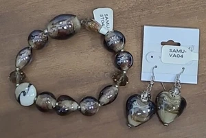 Vintage Murano Glass Made Italy HEART Beaded Set Bracelet & Earrings NEW Grays - Picture 1 of 5