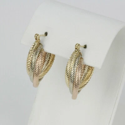 14k Tri-Color Yellow, White & Rose Gold "Rope" Hoop Earrings - Image 1 of 2