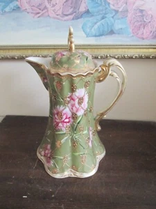 Nippon Porcelain Handpainted Chocolate Pot Green Flowers Moriage Gold - Picture 1 of 12