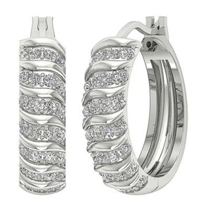 Hoops Huggies Earrings 0.80 Ct SI1 G Natural Diamond In Pave Set 14K White Gold - Picture 1 of 12