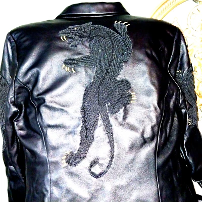 Michael Hoban Navy-Beaded Panthers on Soft Black Leather Jacket - Image 1 of 4