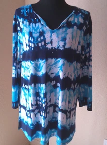 ALIA WOMENS TIE DYE LOOK BLUE & WHITE SHIRT WITH LONG SLEEVES SIZE LARGE - Picture 1 of 4