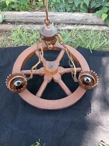 Wagon Wheel Hanging Chandelier Vtg 3 Light Lamp Light Fixture Wood Brass Corrode - Picture 1 of 17