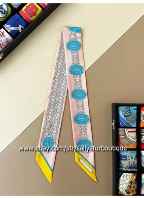 Sallys 18 Momme Twill Silk Scarf Ribbon Chains Print Hair Bag Neck Tie 85*5cm - Image 1 of 4