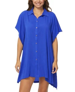Raisins Women's Plus Size Vacay Button-Up Shirt Cover-Up (Blue, 3X) - Picture 1 of 3
