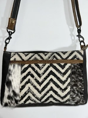 Myra Bag Modish Crossbody Calf Hair Leather Black White Chevron Shoulder Bag - Image 1 of 4
