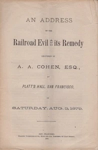 A A Esq Cohen / Address on the Railroad Evil and its Remedy Delivered 1st ed - Imagen 1 de 1