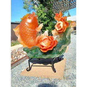 Gran pez Koi Money con flor de loto flor resina Fengshui 19" escultura de pez - Imagen 1 de 16