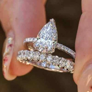 14K White Gold Plated Silver 4Ct Pear Cut Real Moissanite Wedding Bridal Set - Picture 1 of 6