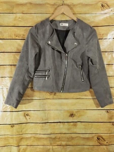 Cute!! H&M Crop Gray Biker Jacket Teen 12-13 Y Suede Feel Long Sleeve Zip EUC - Picture 1 of 8