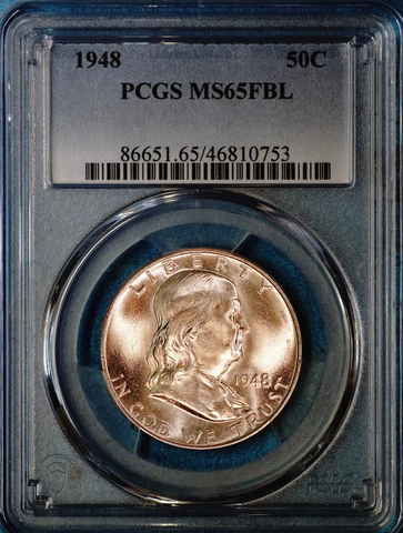 1948 Franklin Half Dollar Silver, Uncirculated, Mint Tone, PCGS MS65 FBL 753 Cover