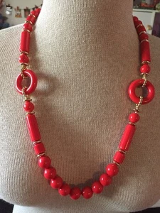 Vintage Necklace Round & Tubular Plastic Red Beads w/ Gold Tone Beads Strand - Picture 1 of 7