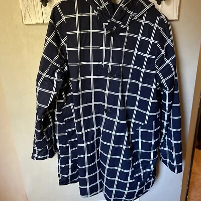 Jessica London Womens Reversible Rain Coat Sz 14W Navy Blue Plaid White Hooded - Image 1 of 4
