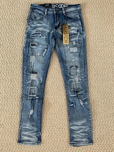 NWT Boy's LR Scoop RRP60 Medium Blue Distressed Rip Paint Skinny Jeans SIZE 4-14 - Picture 1 of 11
