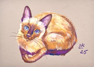 Original Siamese Cat Pastel Drawing 12x8 – Blue-Eyed Pet Portrait Signed - Picture 1 of 6