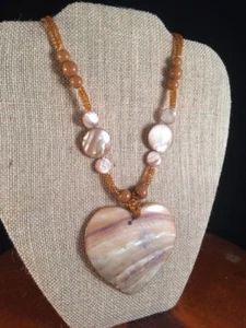Abalone Shell Heart Necklace Statement Glass Beaded Bead 17" Seashell - Picture 1 of 5