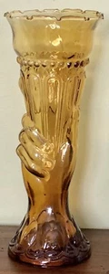 Antique Large Figural HAND Holding Beaded Panel VASE Amber Glass Victorian - Picture 1 of 6
