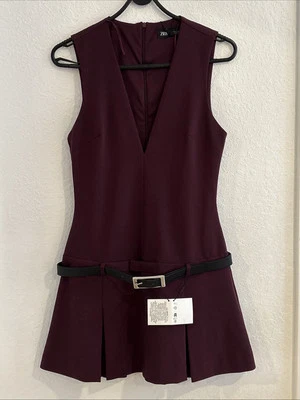 ZARA женщин подпоясанный коробка складки платье бордовый размер маленький - Изображение 1 из 4