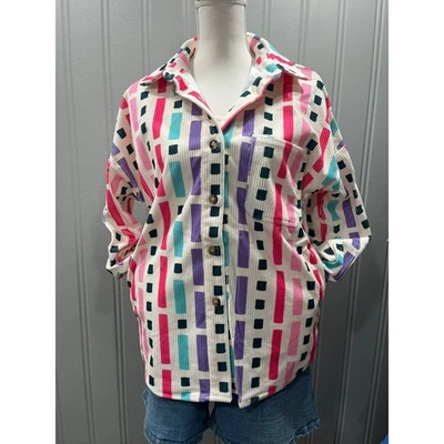 Camisa Chaqueta Emily Wonder Multicolor Geométrica Pana De Gran Tamaño Mujer Talla L Foto 1 de 3