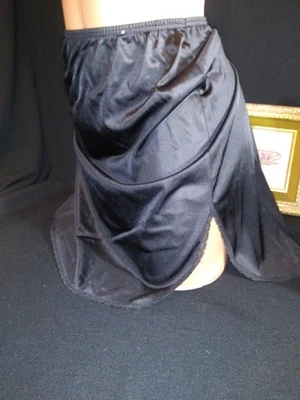 Vtg Silky Jet Black Tissue Thin Shiny Half Dress Slip Dress Slip Lace SLIPPERY L - Image 1 of 4