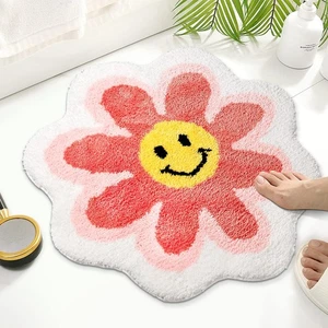 Smiley Face Sunflower Bath Mat - Cute Pink Non Slip Microfiber Flower Absorbe... - Foto 1 di 6