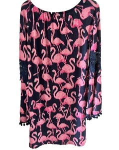 Simply Southern Dress S Navy Pink Flamingo Pom Pom Embroidered Bold Boho Chic - Picture 1 of 8