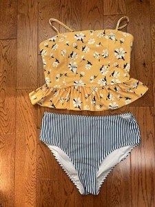NWOT Yellow/Blue Two Piece Ruffled Top High Waisted Bikini Swimsuit Medium - Picture 1 of 6