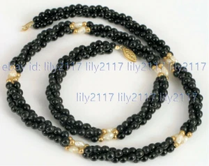 Natural Black Agate Round Gems White Freshwater Baroque Rice Pearl Necklace 18'' - Picture 1 of 3