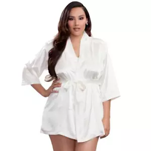Ivory Satin Robe 3/4 Sleeves Sash Tie Closure Short Length 7893 Plus Size 1X/2X - Picture 1 of 6