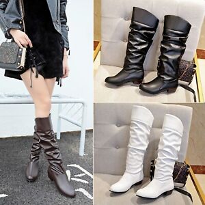 Women Slip-On Knee High Boots Round Toes Faux Leather Solid Mid Heels Boots