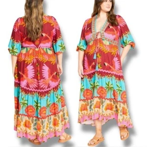 NEW City Chic Maxi Dress Copacabana Placement Tropical Colorful Linen Blend Sz16 - Picture 1 of 12