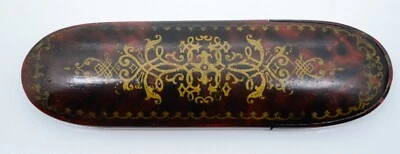 Gafas de madera victorianas estuche lacado jaspeado rojo negro antiguo de colección Foto 1 de 4