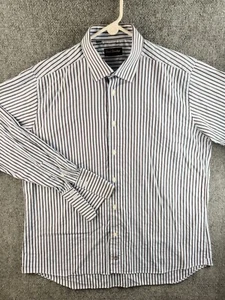 David Donahue Size 17.5 36/37 Button Up Shirt Men Cotton Striped Blue Brown - Picture 1 of 20