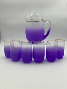 Vintage 1960’s Frosted Glass Pitcher Set /6 Glasses Lavender with Gold Accent - Picture 1 of 4