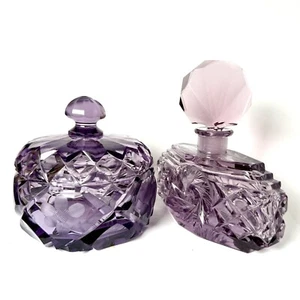 Amethyst Czech Cut Crystal perfume bottle Powder 1920’s Vanity vgc Set Of 2 RARE - Picture 1 of 16