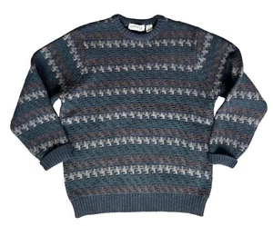 Orvis Mens Wool Blend Houndstooth Pattern Sweater Navy Gray Brown Stripes Size M - Picture 1 of 10