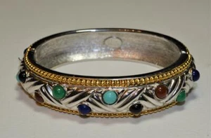 Signed JOAN RIVERS Silver/Goldtone Blue Purple 2 1/2"d Hinged Bagle Bracelet - Picture 1 of 3