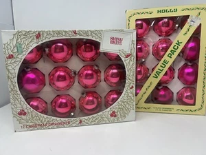 24 Vtg Shiny Brite Holly Double Glow Glass Hot Pink Christmas Ornaments 2 Boxes - Picture 1 of 13