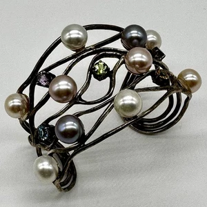 Brazalete Brazalete Vintage Plata de Ley 925 Perlas Genuinas Piedras Semipreciosas - Imagen 1 de 8