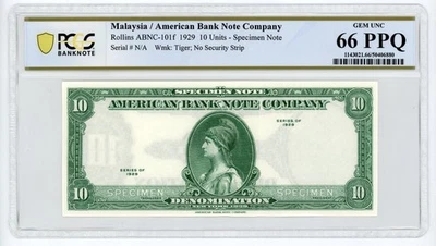 American Bank Note Company "10" Denomination 1929 Specimen - PCGS Gem 66 PPQ - Image 1 of 2