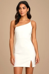 Lulus Damen Minikleid weiß One-Shoulder Größe L - geschlitzter Saum, Cocktail - Bild 1 von 3