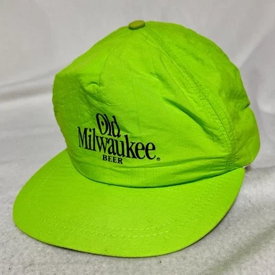 Vintage Old Milwaukee Beer Advertising Snapback Hat Cap Nylon Neon Green USA - Image 1 of 4