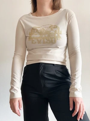 Evisu EU.ED. Camiseta para mujer beige manga larga dorado texturizado logotipo elástico talla M Foto 1 de 4